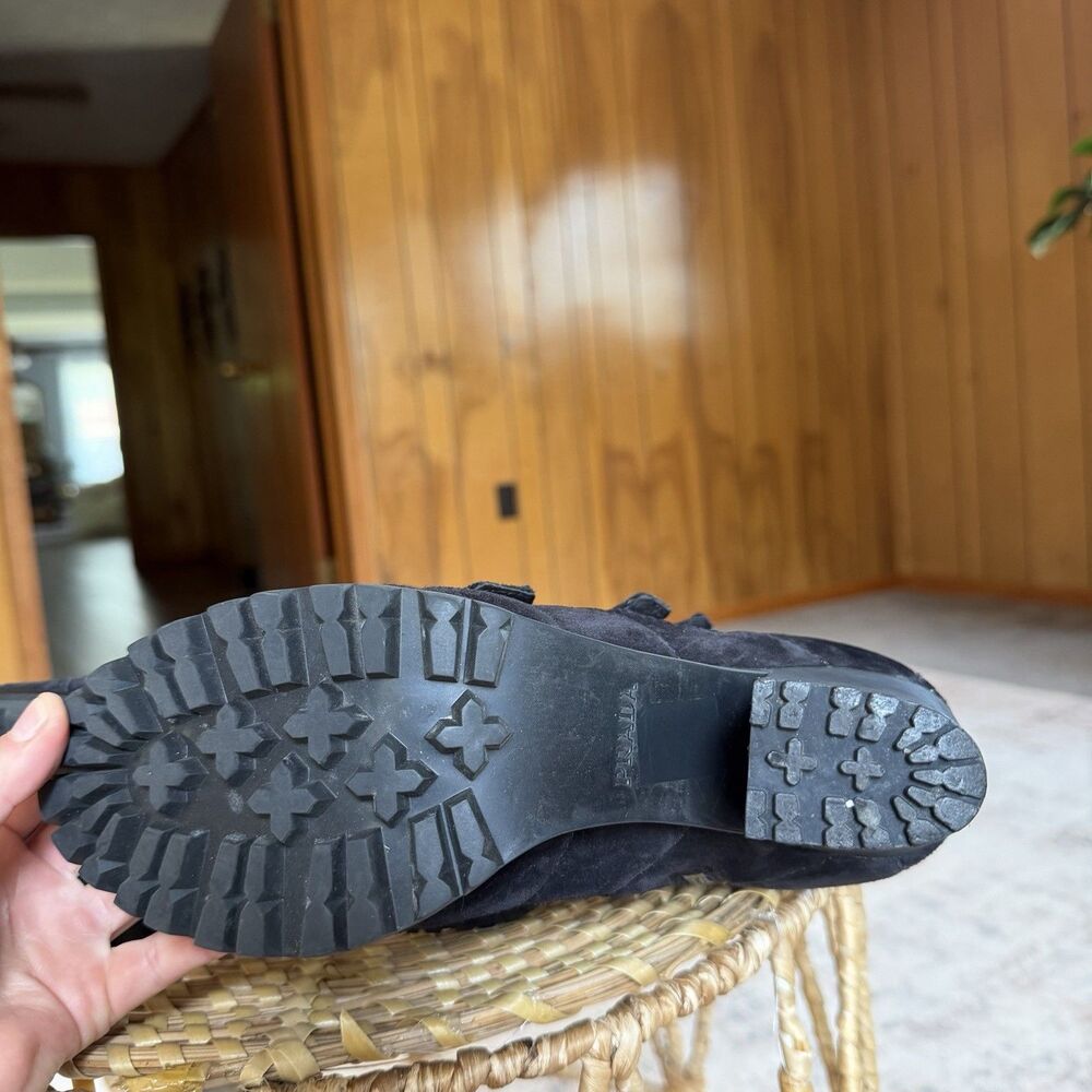 Vintage Prada Moto Boots Black Suede Buckle Strap Lug Sole Women Eu 40.5 - Picture 7 of 16